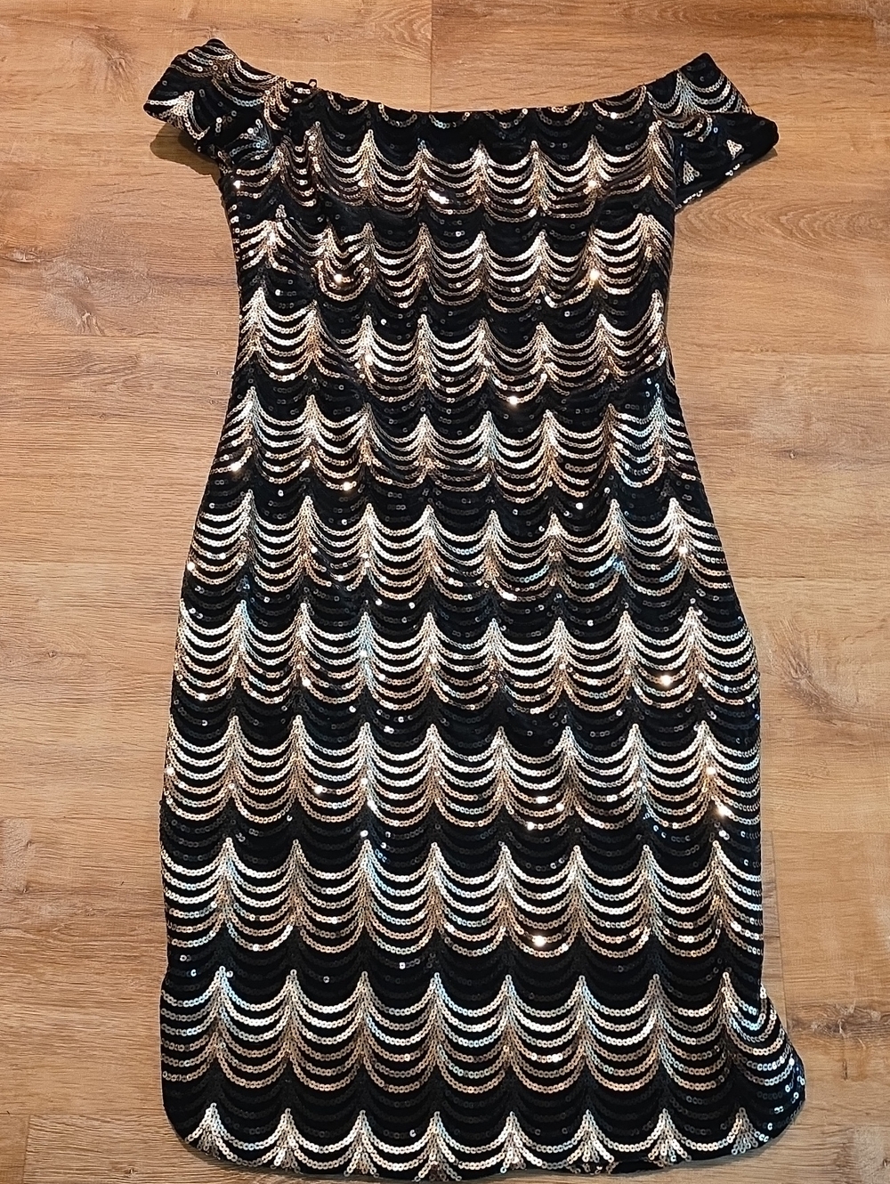 Black & Gold Sequin Off-Shoulder Party Dress
